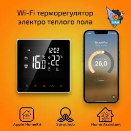 Сенсорный терморегулятор теплого пола черный с белой оконтовкой Apple HomeKit